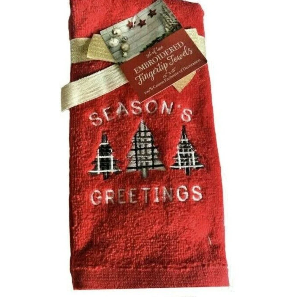 Christmas Fingertip Towels Seasons Greetings Embroidered Holiday Red Set of 2